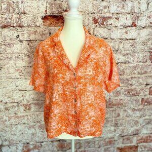 Cynthia Rowley Orange Floral Village Print 100% Linen Button-Up Top – Size L
